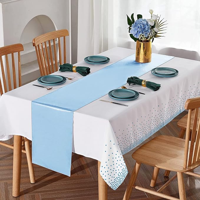 8Pack Disposable Plastic Tablecloths and Satin Table Runner Set White and Light - Image 4