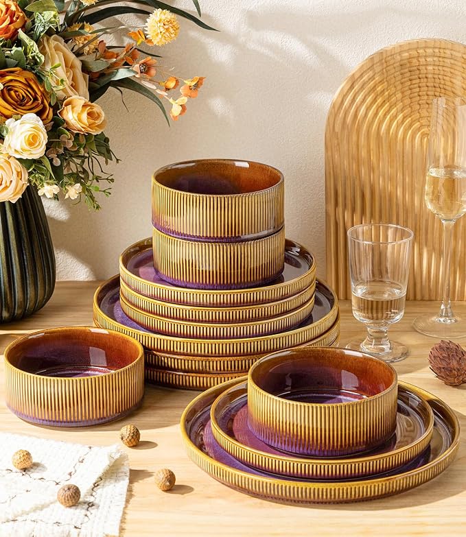 Ceramic Dinnerware Set for 8, 24-Piece Plates and Bowls Set | Lightweight - Image 4