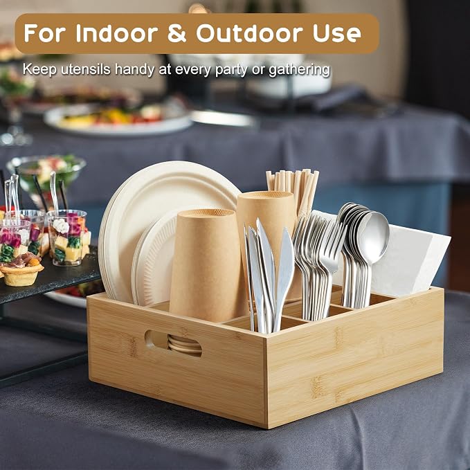 ALELION Bamboo Utensil Holder for Party, Paper Plate Organizer for Countertop - Image 2