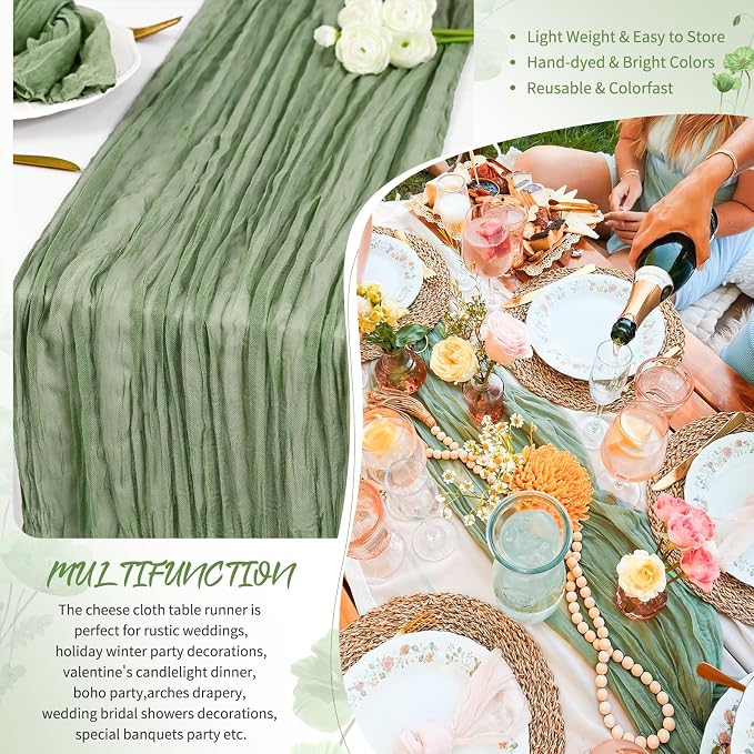 Showgeous 4 Pack Sage Green Cheesecloth Table Runner, 17 x 108 Inches | Boho - Image 5