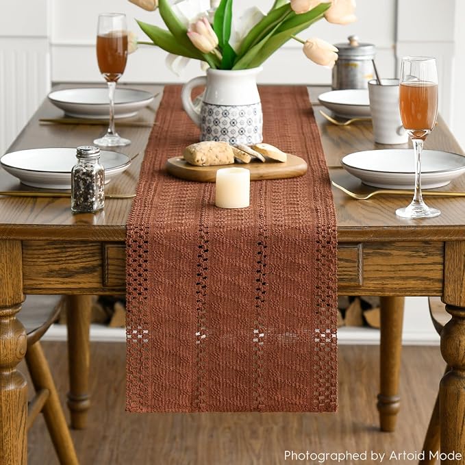 Artoid Mode Caramel Woven Farmhouse Hollow Table Runner 12x120 Inch | Holiday - Image 2