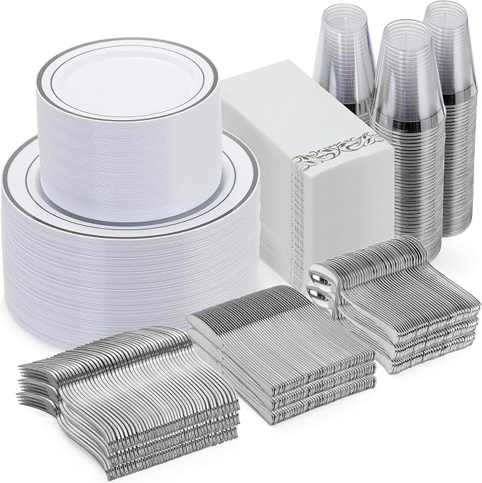 700 Pcs Silver Dinnerware Set for 100 Guests, Disposable Plate Set | Plastic by GoodLuck