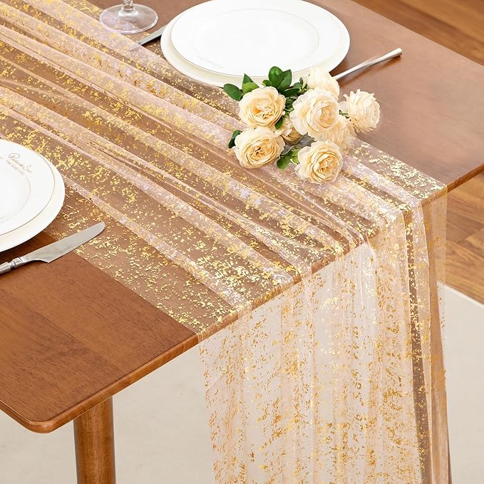 SiinvdaBZX 4 Pcs Beige Gold Sheer Tulle Table Runner 120 Inch/10 Ft Long | by SiinvdaBZX