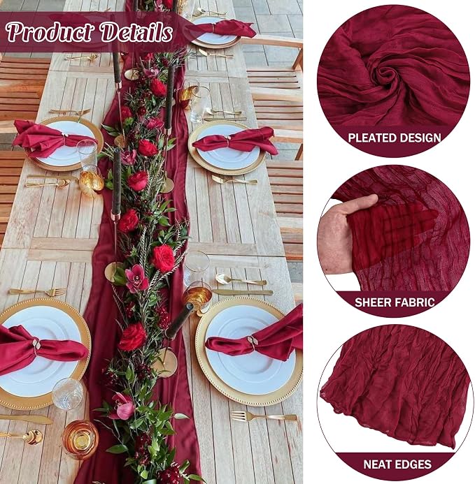 Burgundy 10FT Cheesecloth Table Runner Boho Gauze Fabric Table Runner Rustic - Image 2