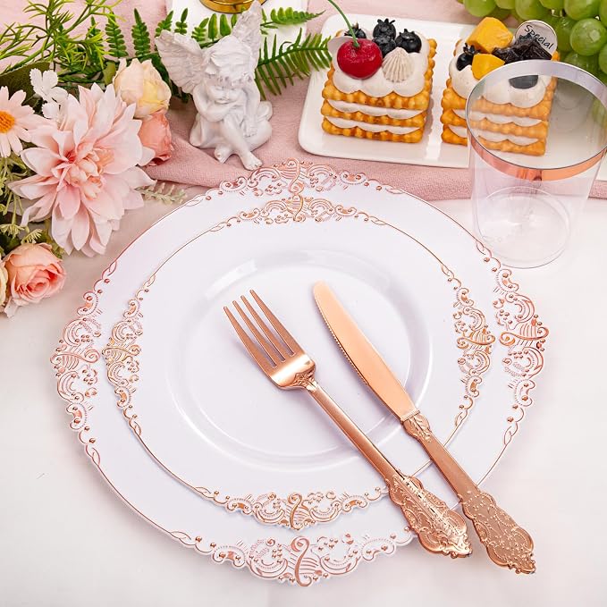 Morejoy 175PCS Rose Gold Plastic Plates & Disposable Dinnerware Sets | Inculdes - Image 2