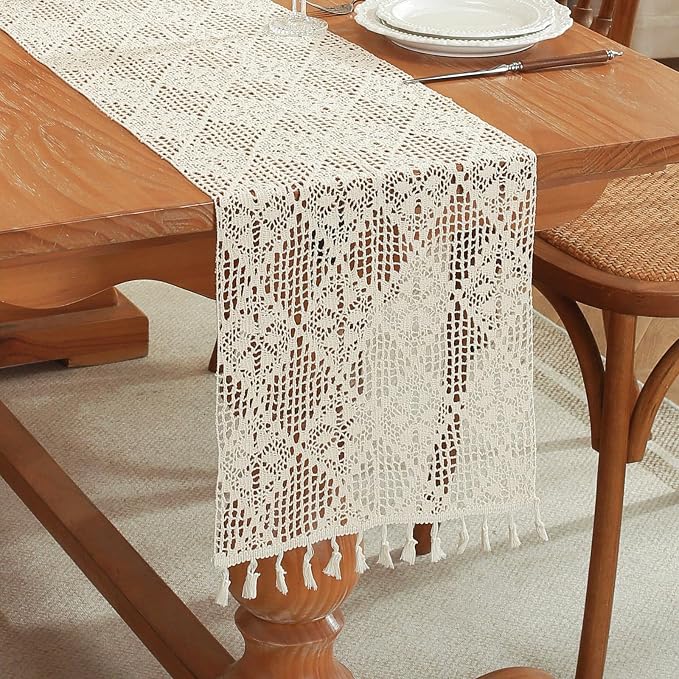 meioro Crochet Lace Table Runner, 12x48 Inch Boho Cotton Table Runners by meioro