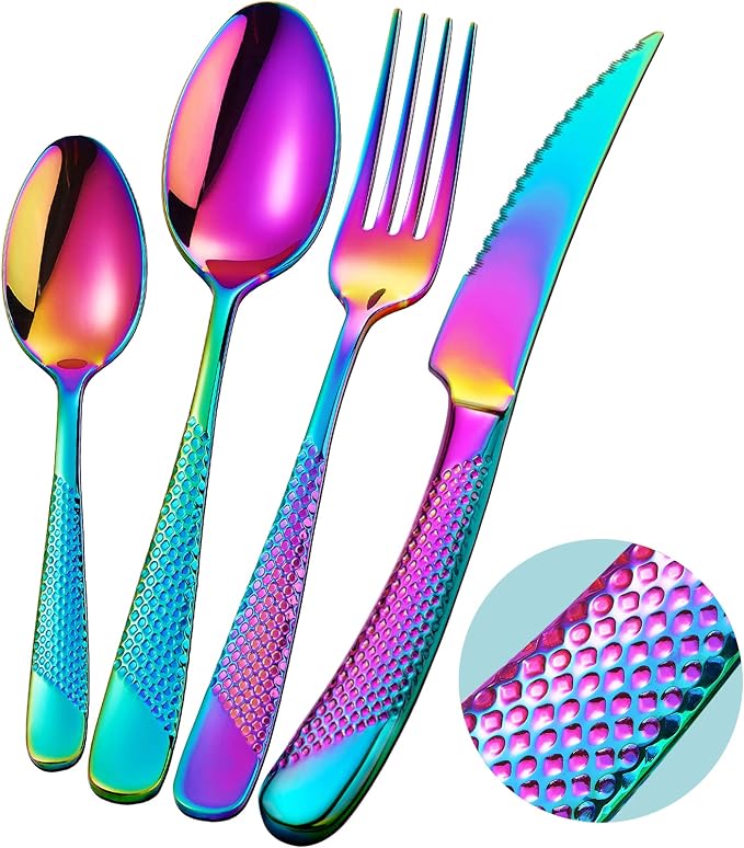 Xideman® 16-Pc Modern Rainbow Hammered 18/10 Stainless Steel Silverware Set | by Xideman