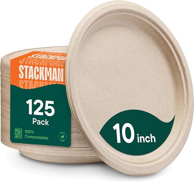 Paper Plates, 100% Compostable Heavy Duty Disposable 10 Inch Plate by StackMan
