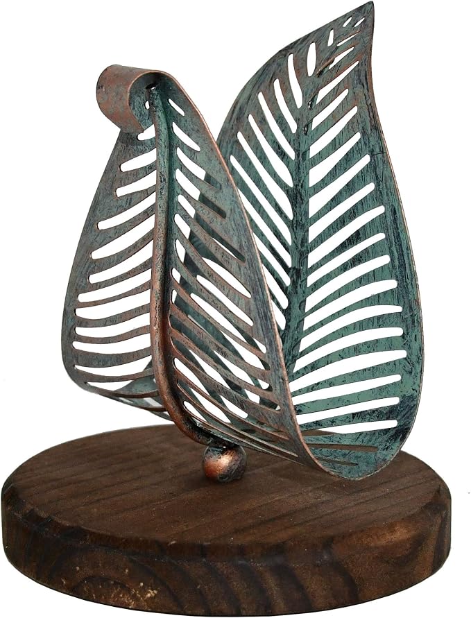 OwlGift Freestanding Modern Napkin Holder w/Golden Turquoise Metal Leaf & Brown by Owlgift