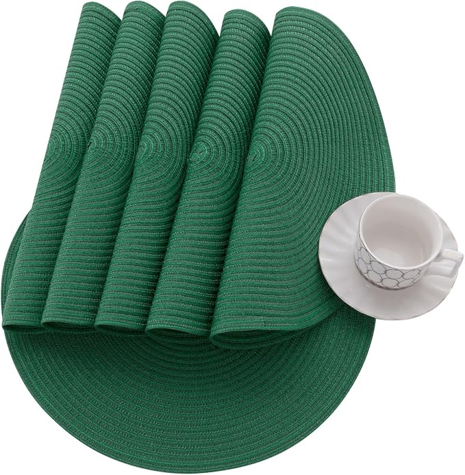 SHACOS Dark Green Round Placemats Set of 6 Cotton Polyester Braided 15 inch - Image 5