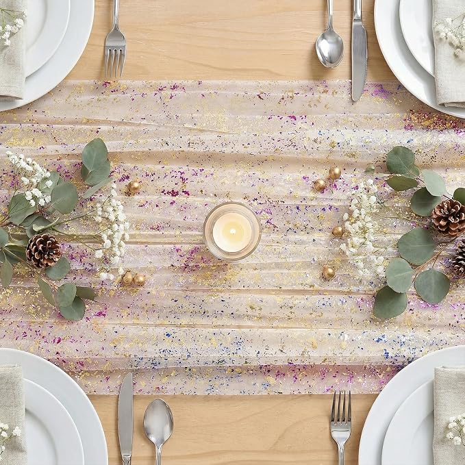 Artoid Mode Colorful Gold Gauze Table Runner 59x120 Inch 10FT, Glitter Metallic - Image 3