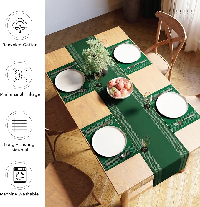 Encasa XO Table Runner, Yarn Dyed Ribbed Cotton 13"x94" | Ladder Dk Green - Image 3