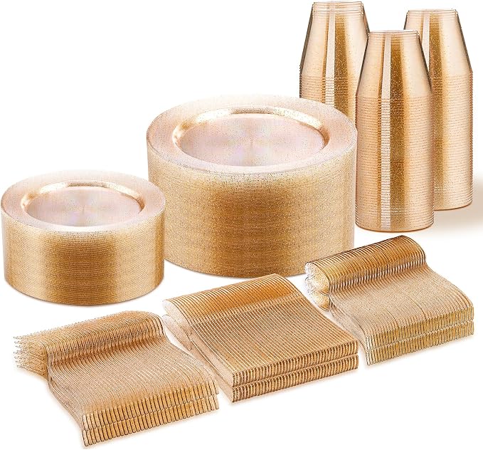 WELLIFE Gold Glitter Disposable Plates, Dinnerware Set by WELLIFE