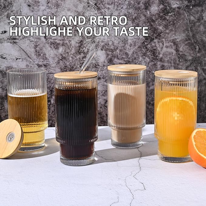 Drinking Glasses with Bamboo Lids and Glass Straw 8pcs Set, 16oz Glass Tumbler - Image 5