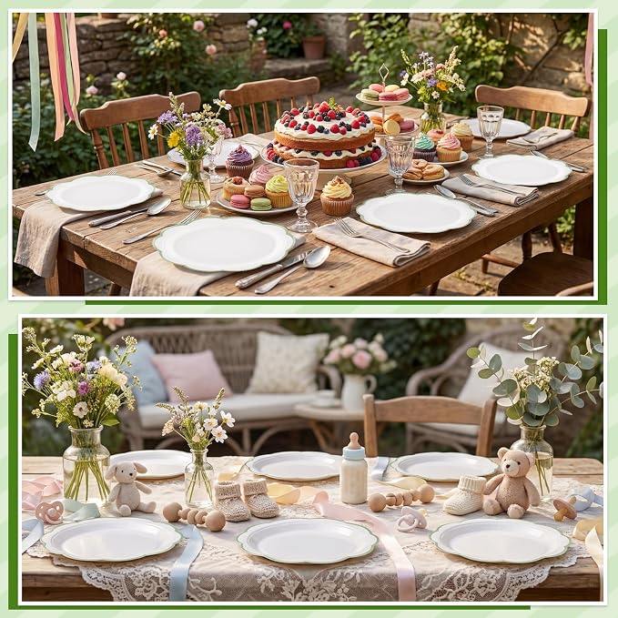 30 Pcs Sage Green and White Paper Plates 9 In White Plates - Image 5