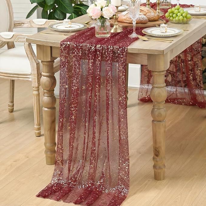 Artoid Mode 10Pcs Burgundy Gauze Gold Table Runner 10FT, Glitter Metallic Foil - Image 7