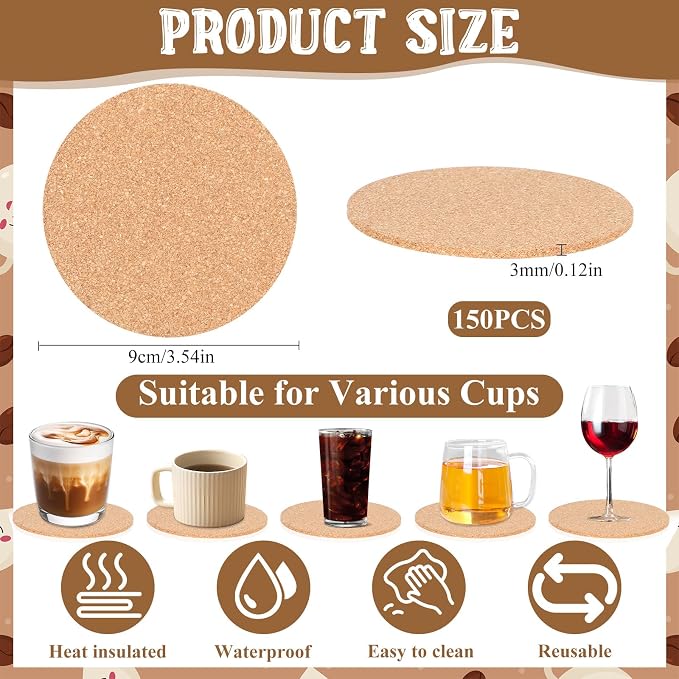 150 Pack Cork Coasters for Drinks, Bulk DIY Blank Coasters for Laser Engraving - Image 2