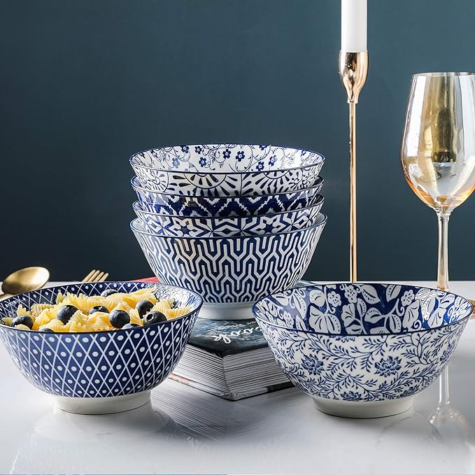 Selamica Blue and White Porcelain 20oz Cereal Bowl Set - Image 6