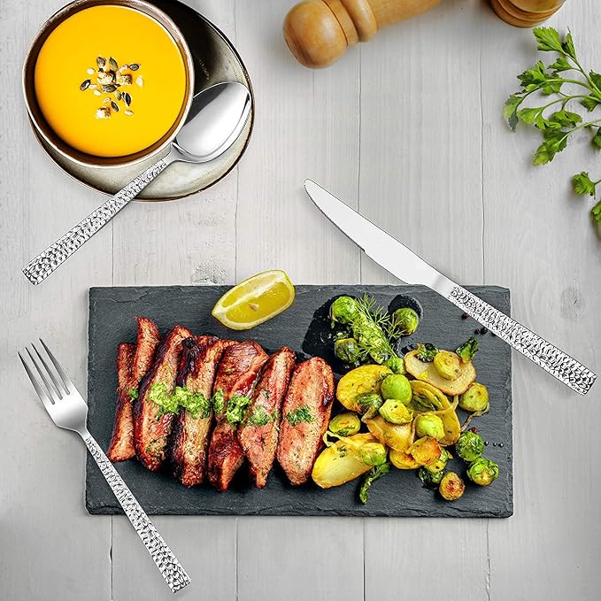E-far Hammered Dinner Knives Set of 6, 8.9 Inch Stainless Steel Serrated Steak - Image 5