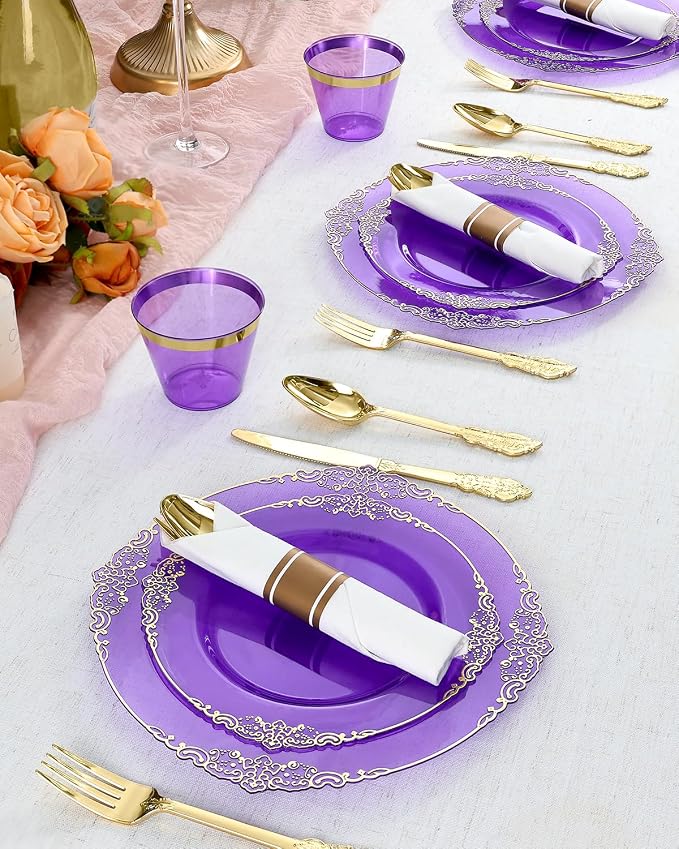 350 Piece Clear Purple Plastic Dinnerware Set - Image 7