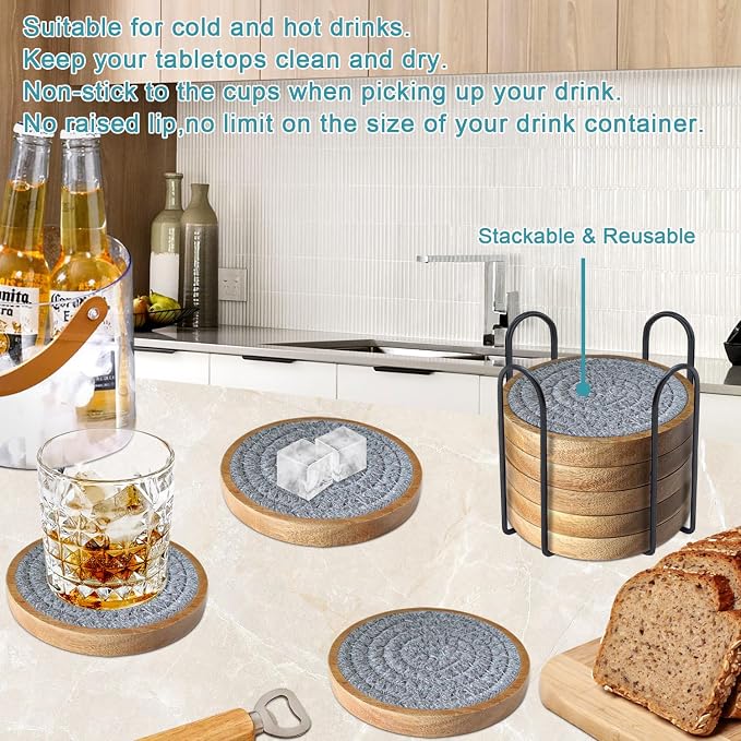 Eykao Wood Coasters for Drinks, Absorbent Coaster Sets of 8, Woven Drink - Image 4