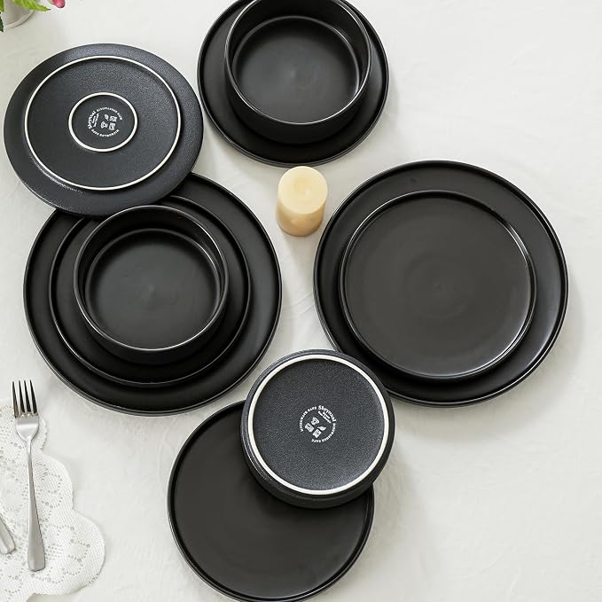 Ceramic Salad & Dessert Plates Set, 8 Inch, Modern Black | Stoneware, - Image 7