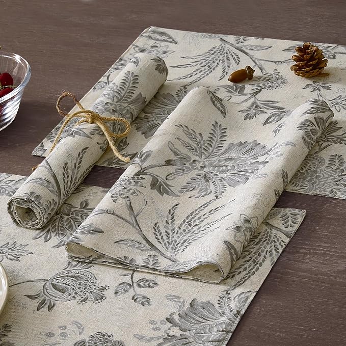 JINCHAN Sliva Linen Floral Placemats Set of 4 Farmhouse 13x19 Inch Grey | - Image 4