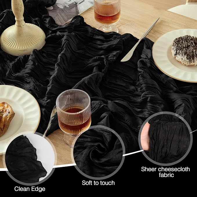 12 Pack Black Cheesecloth Table Runner Boho Gauze Black Decor | 120 Inch Sheer - Image 5