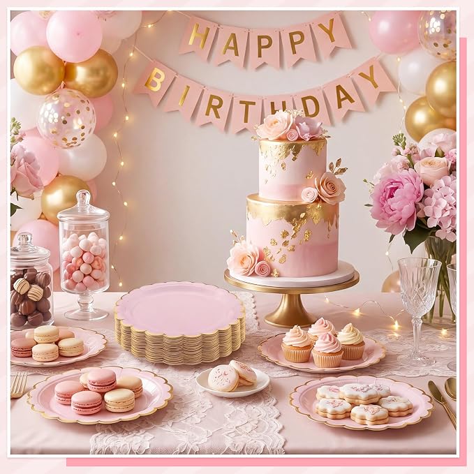 NatNarr 30 Pk Pink Gold Plates 9" Disposable Scalloped Pink Paper Plates | Cute - Image 6