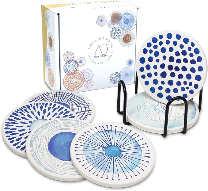 AD Set of 6 Coasters for Drinks Absorbing Round Ceramic Stone Coaster by AD