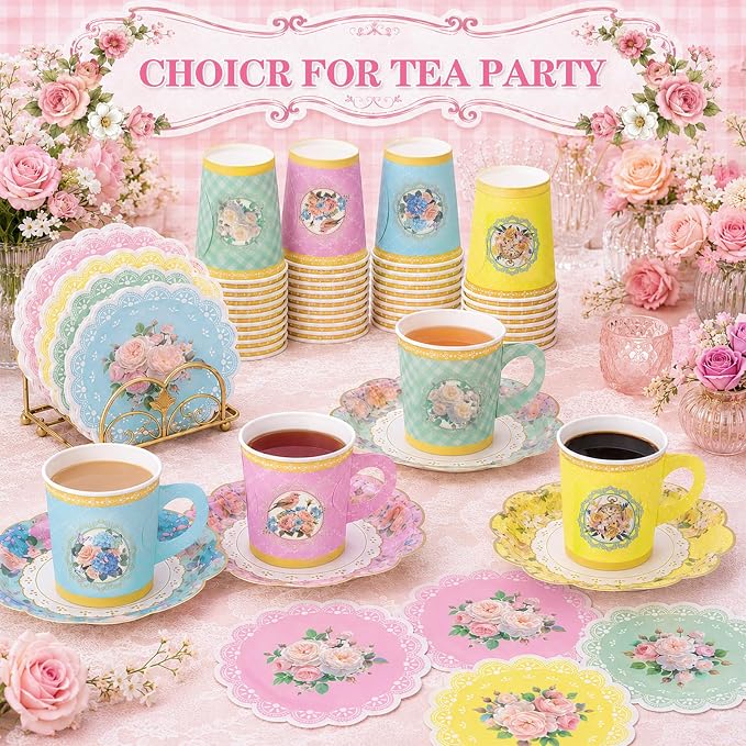 Tea Party Decorations Set, Vintage Floral, 24 Guests, Disposable | Supplies - Image 4