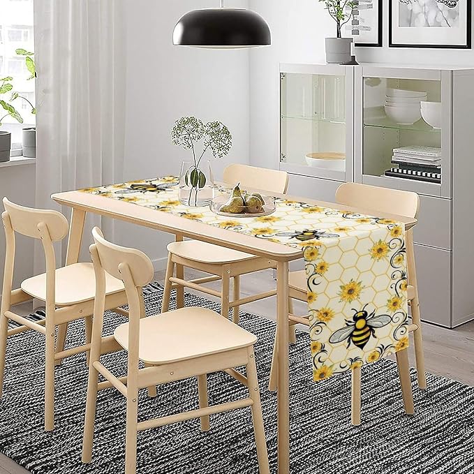 Bee Sunflower Table Runner, Farmhouse Orange Honeycomb Vintage Spring Summer - Image 2