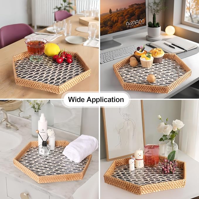 Hexagon Rattan Tray with Mother of Pearl Inlay, Rattan Serving Tray - Image 4