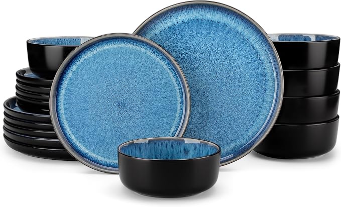 vancasso PLAYA Plates and Bowls Sets, 18 Pieces Blue Dinnerware Sets by vancasso