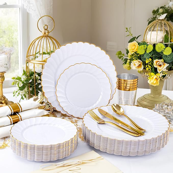 YOUBET 350PCS White and Gold Scalloped Plastic Plates - Image 5