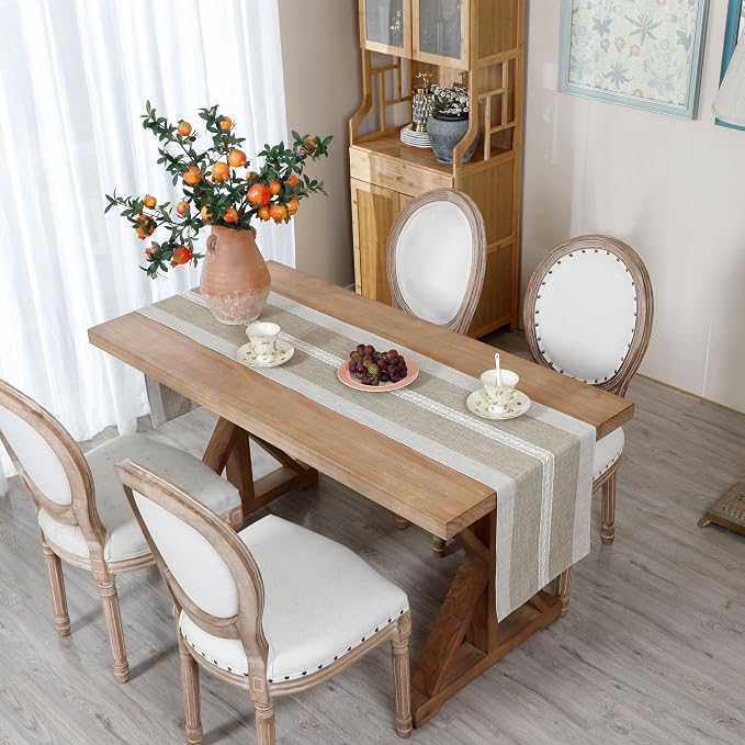 NEWISHER Farmhouse Braided Striped Embroidery Table Runner 48 inches, Rustic - Image 3