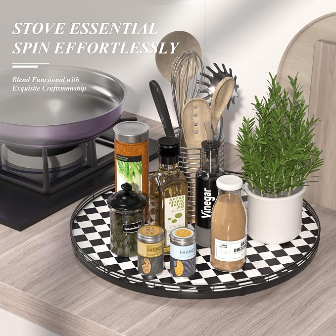 AMH 21-Inch Black and White Checkerboard Lazy Susan Decorative Tray | Smooth - Image 5