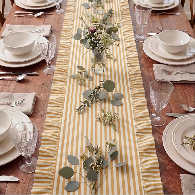 HunnmingRe Ruffle Trim Boho Table Runner Farmhouse Rustic Stripes Scalloped - Image 4