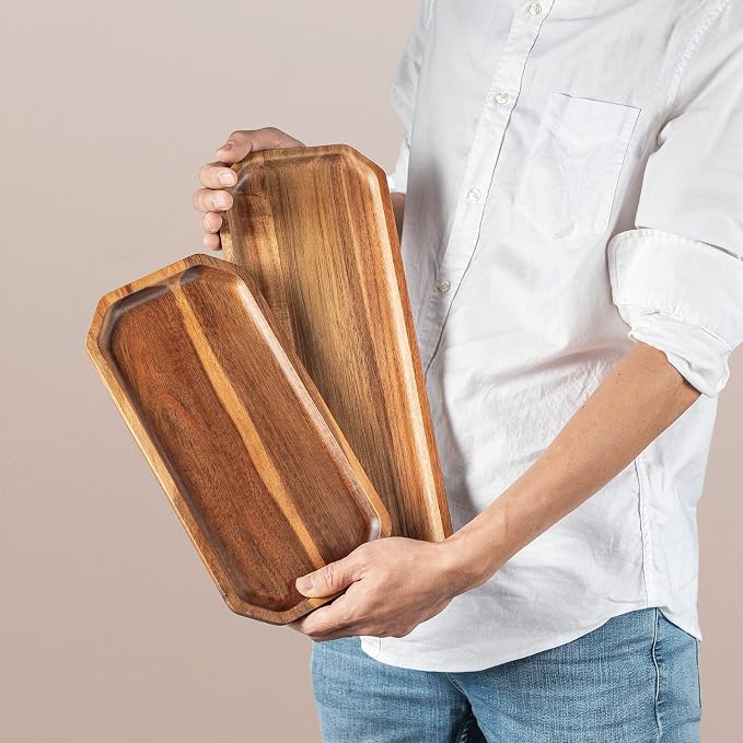 Set of 2 Solid Acacia Wood Serving Trays 16" and 12" Rectangular Wooden Serving - Image 6