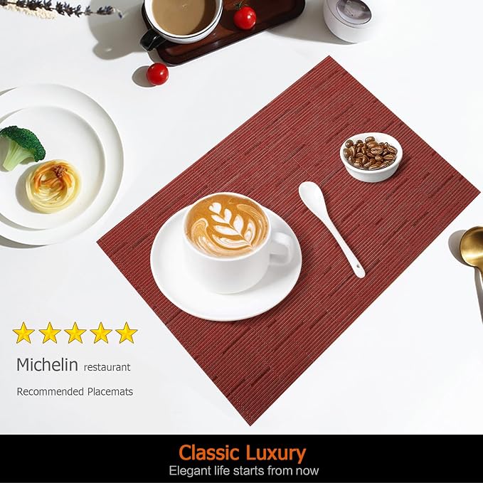 Red Vinyl Placemats Set of 6, Heat Resistant Table Placemats | 18x12 inch place - Image 2