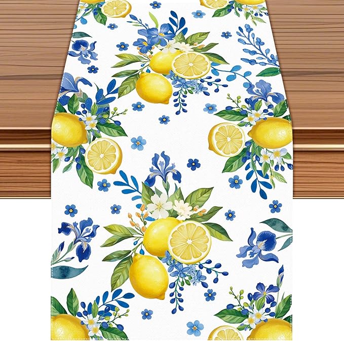 Lemon and Blue Floral Table Runner, 90 x 13 inches, Easy Care Machine Washable by Unknown