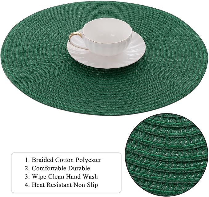 SHACOS Dark Green Round Placemats Set of 6 Cotton Polyester Braided 15 inch - Image 2