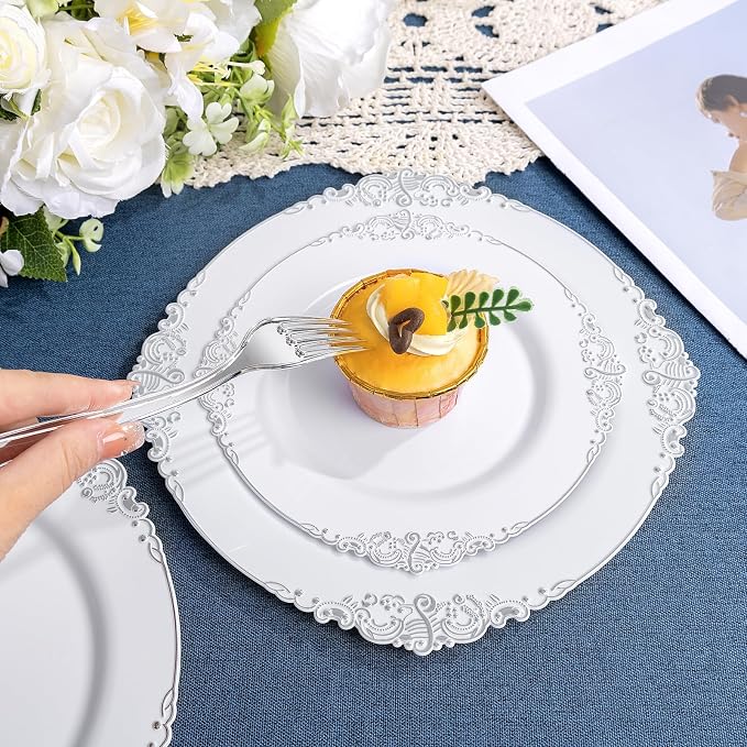 Nervure 600Pcs Silver Plastic Plates, Plastic Dinnerware Set - Image 2