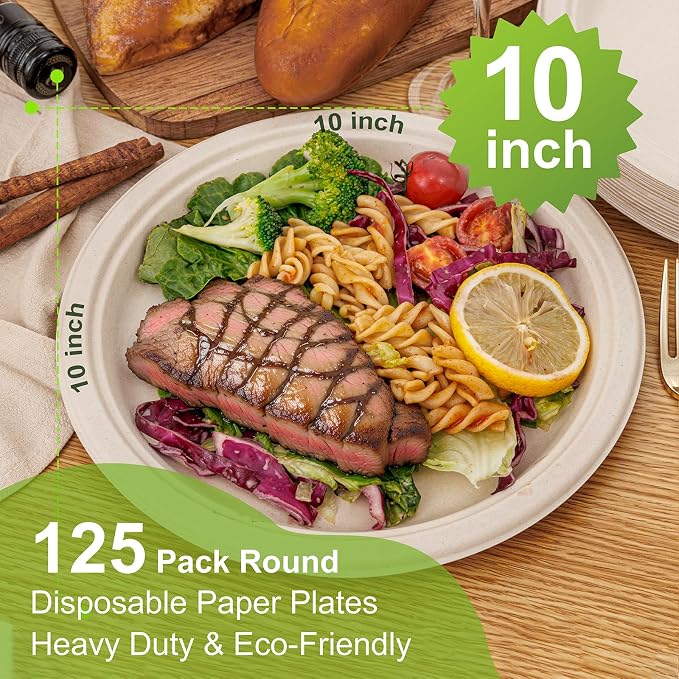 WELLIFE Paper Plates 10 Inch 125-Pack Heavy Duty Paper Plates Bulk | 100% - Image 2
