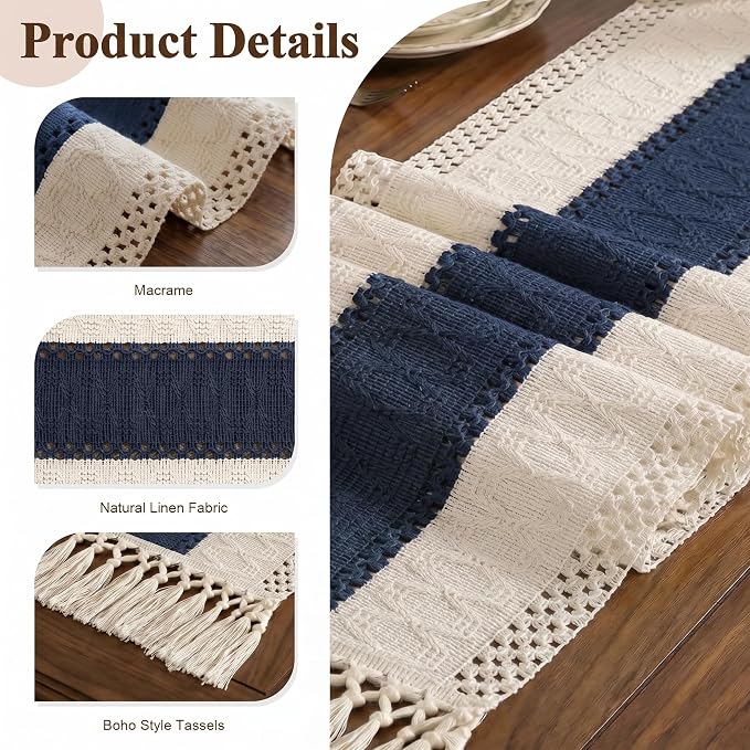 Boho Macrame Table Runner with Tassels 48in Blue Farmhouse Runner | Macrame - Image 5