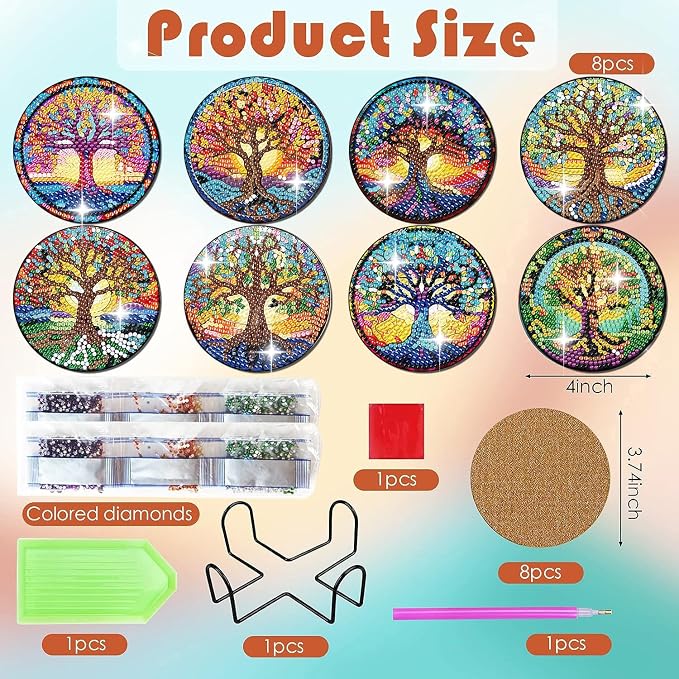 ijbnhd 8 PCS Tree of Life Diamond Art Coasters | Diamond Painting Coasters Kits - Image 3