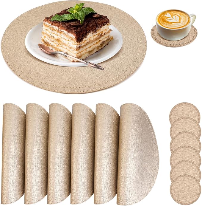 Set of 6 Faux Leather Gold Round Placemats and Coasters, Coffee Mats Kitchen by JOVONO