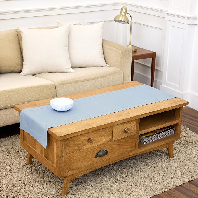 Solino Home 100% Pure Linen Table Runner Blue, Classic Hemstitch 14 x 48 in | by SolinoHome