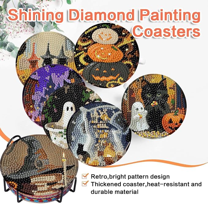 ijbnhd 8 Pcs Halloween Diamond Art Coasters Kits | Halloween Diamond Painting - Image 8