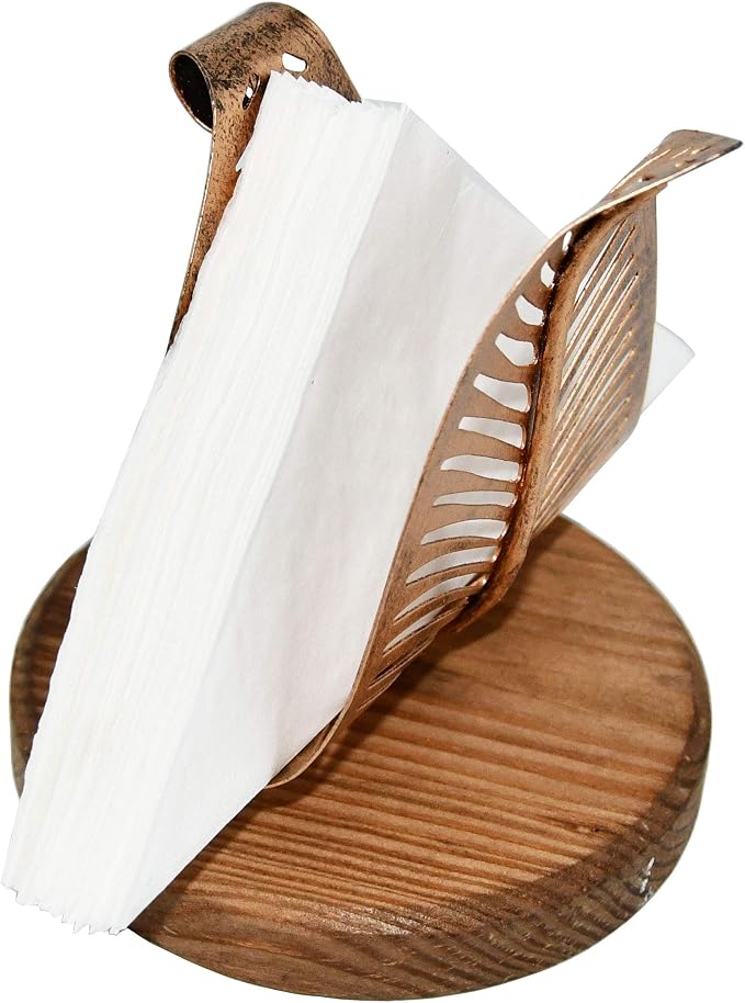 OwlGift Freestanding Modern Napkin Holder w/Bronze Metal Leaf & Brown Wooden - Image 6